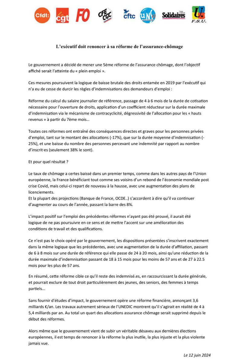 G_Bourdic's tweet image. 😡 @GabrielAttal a confirmé ce 12 juin la promulgation du décret scélérat sur l&apos;#AssuranceChômage le 1er juillet qui va priver de leur droit des 100aines de milliers de #chômeurs et réduire les #allocations de touTEs contre l&apos;avis de toutes les organisations syndicales👇
A vomir