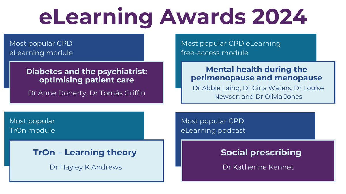 RCPsych eLearning Hub (@rcpsych_elearn) on Twitter photo Congrats to all of the eLearning Awards 2024 winners for most popular content!
These courses are available to access for FREE until August: bit.ly/3NPTrOj
<a href="/hayleykandrews/">Hayley Andrews</a> <a href="/annedohertypsy/">Anne Doherty</a> <a href="/TomasPGriffin/">Tomás Griffin</a> <a href="/KatherineKennet/">Katherine Kennet</a> <a href="/drlouisenewson/">Dr Louise Newson</a> Congrats to all of the eLearning Awards 2024 winners for most popular content!
These courses are available to access for FREE until August: bit.ly/3NPTrOj
<a href="/hayleykandrews/">Hayley Andrews</a> <a href="/annedohertypsy/">Anne Doherty</a> <a href="/TomasPGriffin/">Tomás Griffin</a> <a href="/KatherineKennet/">Katherine Kennet</a> <a href="/drlouisenewson/">Dr Louise Newson</a>