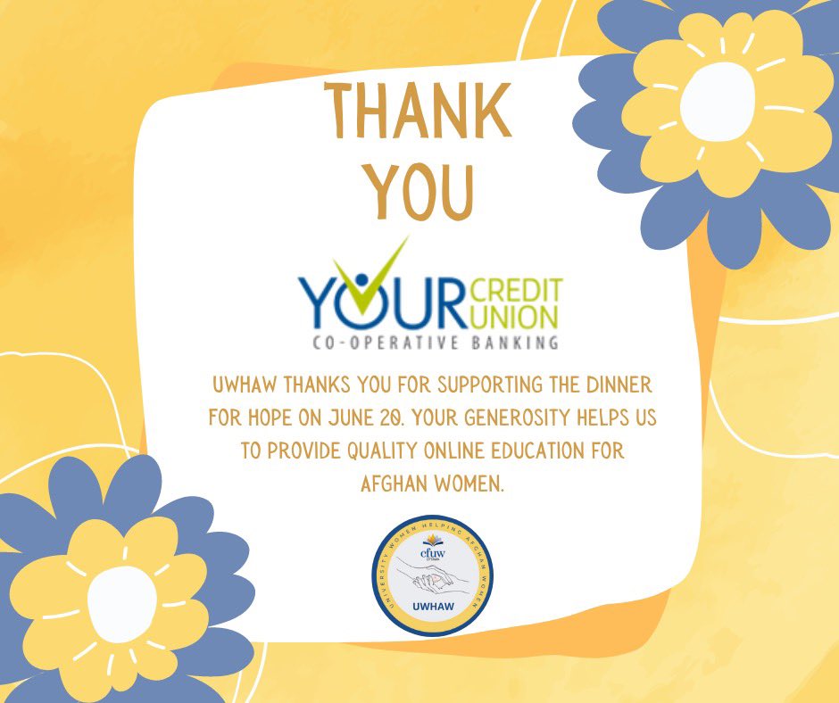 CFUWOttawaClub's tweet photo. A big thank you to YOUR CREDIT UNION 🥳. Your sponsorship will make a difference to the Afghan women in our online program 🖥️. 

#DinnerForHope2024 is happening on Thursday June 20. https://t.co/Qinkv7RXzf