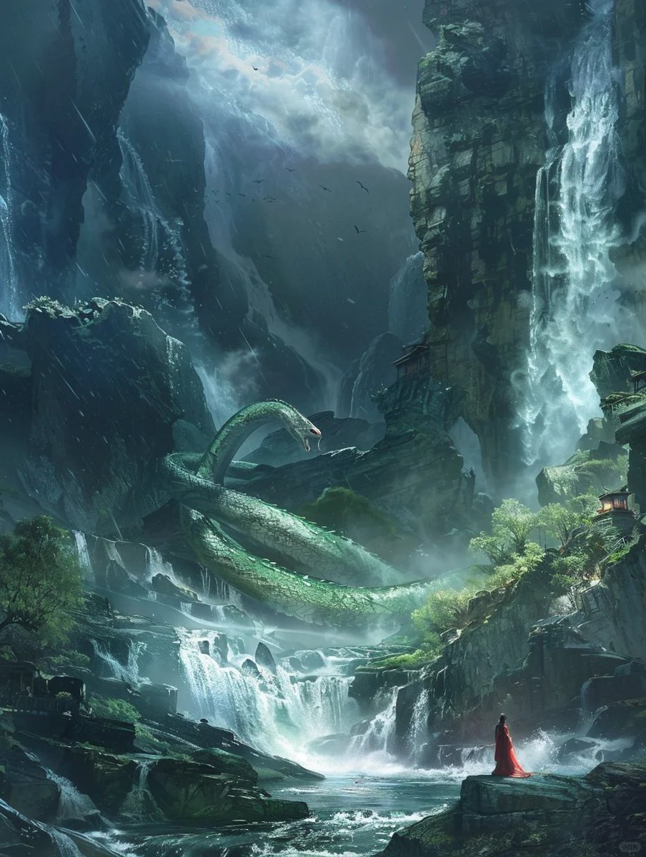 OctopusPaci's tweet photo. The Nine Nether Snake glides between cliffs and waterfalls, its body shimmering in the twilight.
#FantasyChina #ShanHaiJing #ChineseMythology #Underworld #Snake #DreamIllustration #KunlunMountains #midjourneyartwork 
Creator: 蛇琯 https://t.co/nAqI0xgOCH