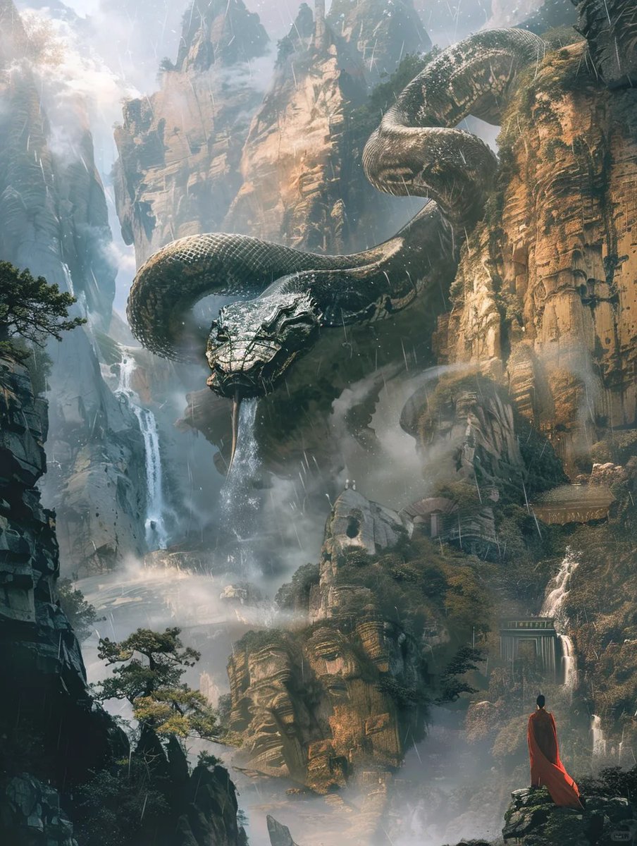 OctopusPaci's tweet photo. The Nine Nether Snake glides between cliffs and waterfalls, its body shimmering in the twilight.
#FantasyChina #ShanHaiJing #ChineseMythology #Underworld #Snake #DreamIllustration #KunlunMountains #midjourneyartwork 
Creator: 蛇琯 https://t.co/nAqI0xgOCH