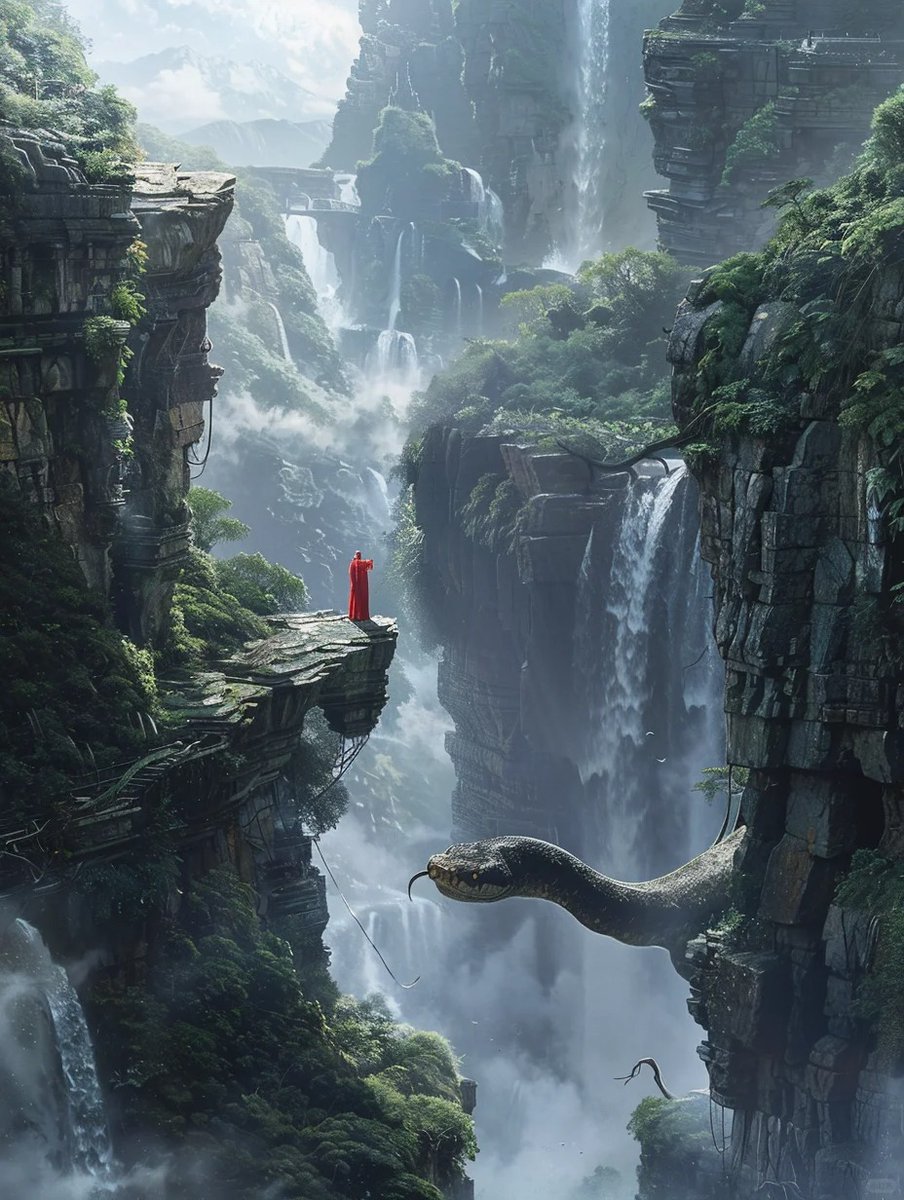 OctopusPaci's tweet photo. The Nine Nether Snake glides between cliffs and waterfalls, its body shimmering in the twilight.
#FantasyChina #ShanHaiJing #ChineseMythology #Underworld #Snake #DreamIllustration #KunlunMountains #midjourneyartwork 
Creator: 蛇琯 https://t.co/nAqI0xgOCH