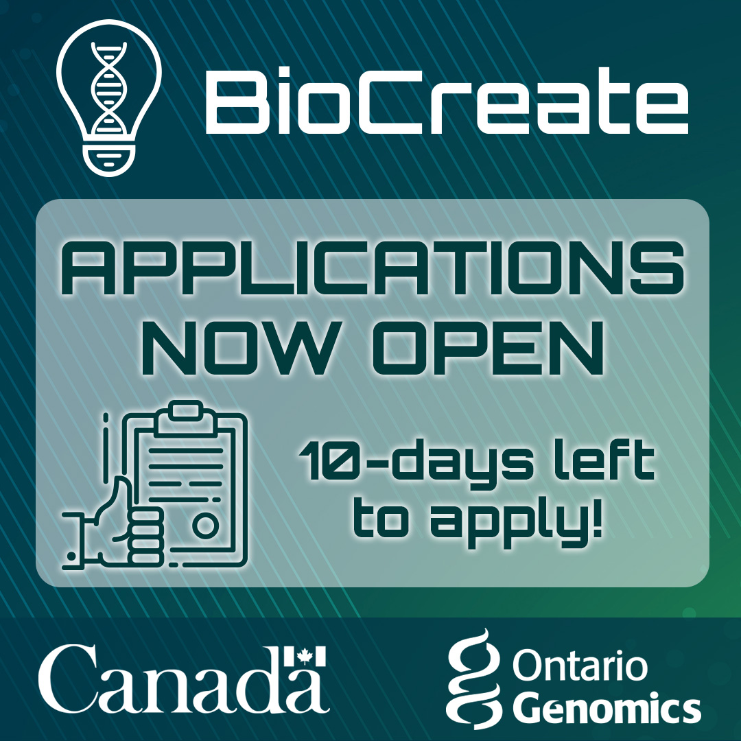 ontariogenomics's tweet photo. 🚀 Calling all #biotech innovators! #BioCreate can boost your startup's journey but there’s only 10 DAYS LEFT to apply. Accepted companies get $150,000 funding, 18 months of mentorship and introduced to potential investors. https://t.co/uVjfuRzZND. #genomics #innovation https://t.co/7auDjVAUOU