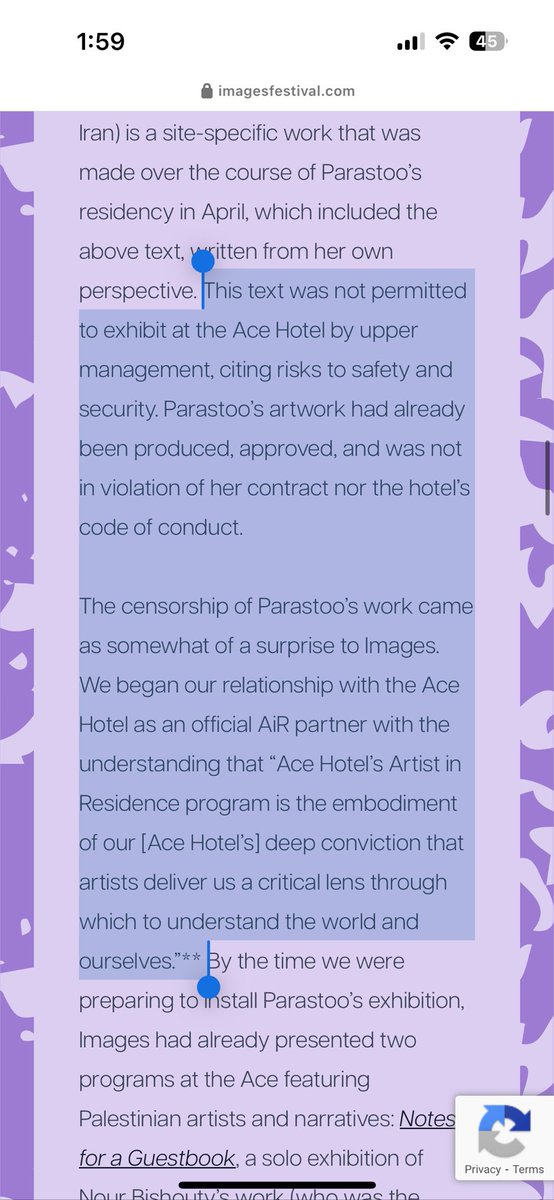 edwardrow's tweet photo. Ace Hotel in Toronto has cancelled the exhibition of artist Parastoo Anoushahpour’s “ultrablue*”, part of Images Festival and Ace Hotel’s own global Artist in Residence program. Citing Palestinian solidarity as risks to safety and security. https://t.co/i7k244EXcM https://t.co/J6ixiQo0Ub