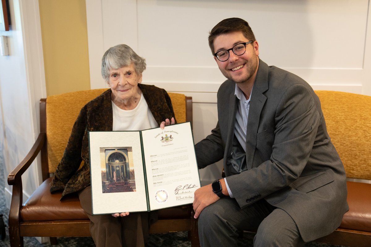 Masonic Village at Elizabethtown residents and soon-to-be centenarians Jack Crow and Doris Beeler received birthday citations from <a href="/SenatorAument/">Sen. Ryan P. Aument</a>'s office. Join us in wishing them a happy early birthday!