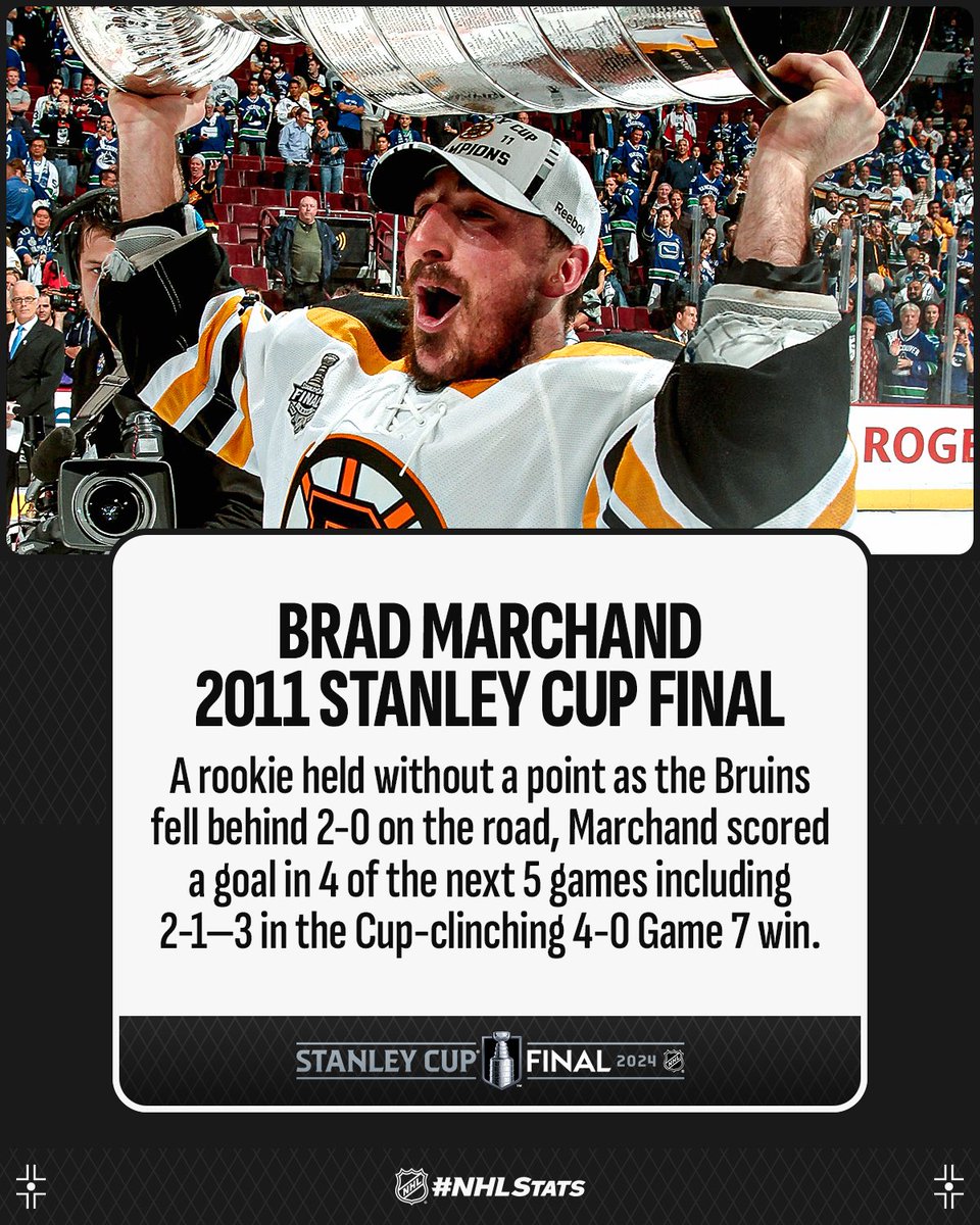 NHLPR's tweet photo. @NHL @NJDevils @EdmontonOilers @penguins @NHLFlyers Brad Marchand (5-2—7 in 2011 SCF) had a 41-point rookie campaign in 2010-11 (77 GP) and then collected nearly half that total in 25 playoff games (11-8—19 in 25 GP), including two multi-point games in the #StanleyCup Final. #NHLStats https://t.co/lzcxgRHOe4