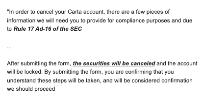 DanHightowerJr's tweet image. It makes me sick that Carta threatens to cancel a company&apos;s securities as a shady retention tactic.

I asked securities lawyers &amp;amp; a top law firm. They confirmed Carta can&apos;t unilaterally cancel securities.

Quote: &quot;pretty bizarre that they say that&quot;