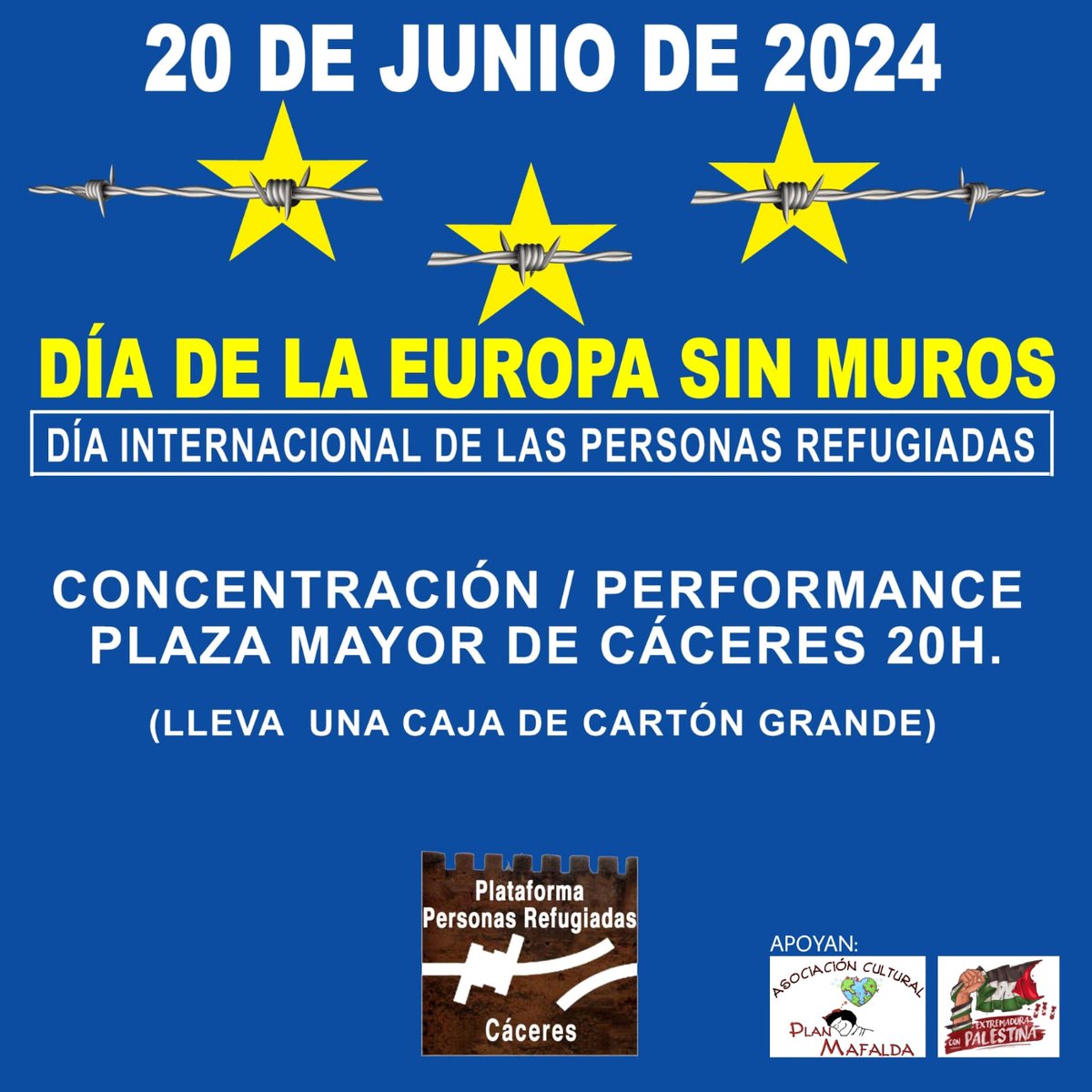 refugiados_cc's tweet photo. 20 junio DÍA  EUROPA SIN MUROS Día de las Personas Refugiadas. Concentración Plaza Mayor Cáceres 20h. Qué desaparezcan los muros que separan a las personas todos los muros los físicos y los otros. Lleva una caja de cartón para la performance que haremos
#20jdiadelosrefugiados https://t.co/KivskTGAZe