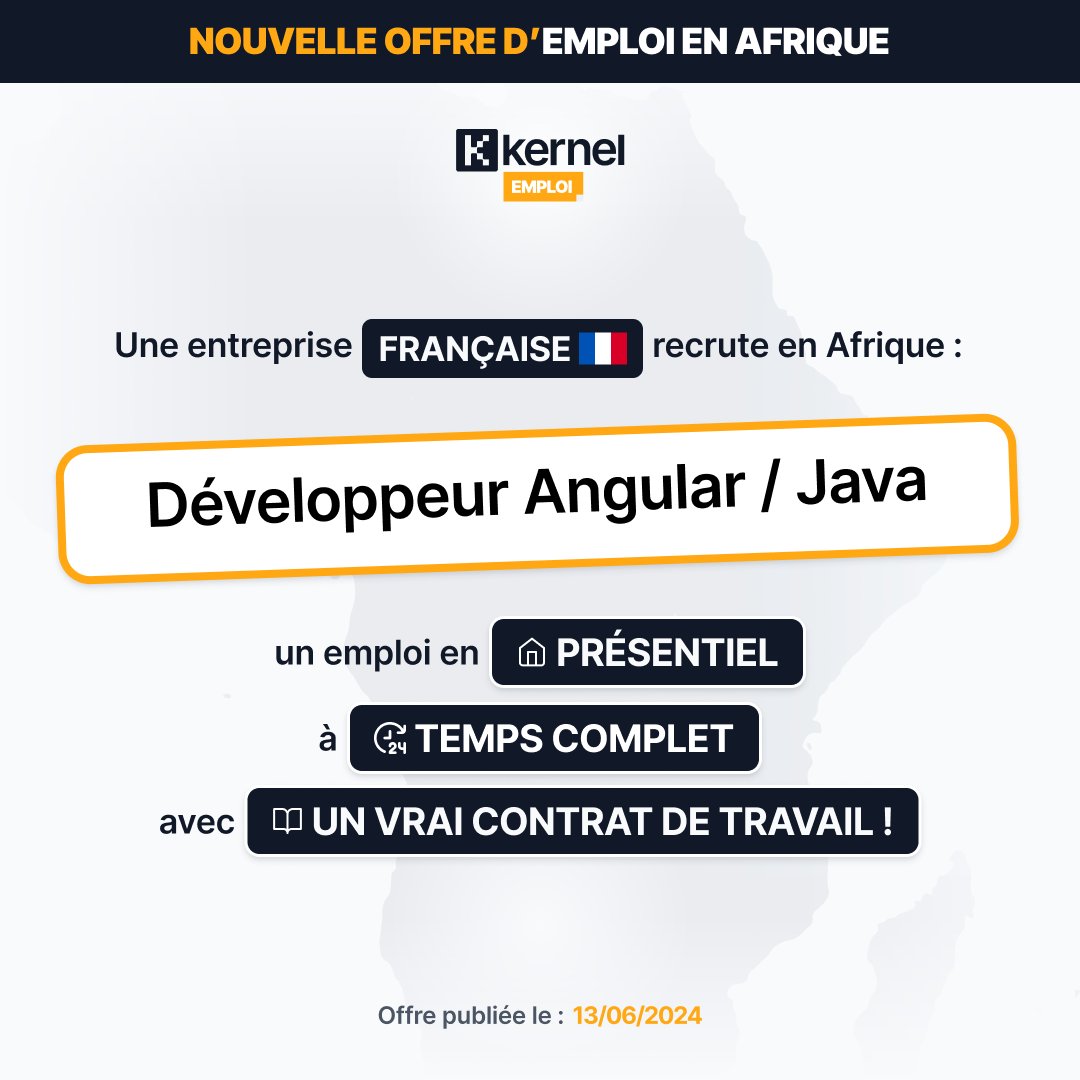 wearekernel_off's tweet photo. 🔎𝐍𝐨𝐮𝐯𝐞𝐥𝐥𝐞 𝐨𝐟𝐟𝐫𝐞 𝐝'𝐞𝐦𝐩𝐥𝐨𝐢 !

Nous recrutons pour le poste de 𝐃𝐞𝐯𝐞𝐥𝐨𝐩𝐩𝐞𝐮𝐫 𝐀𝐧𝐠𝐮𝐥𝐚𝐫/𝐉𝐚𝐯𝐚

👉𝐂𝐥𝐢𝐪𝐮𝐞𝐳 𝐢𝐜𝐢 𝐩𝐨𝐮𝐫 𝐞𝐧 𝐬𝐚𝐯𝐨𝐢𝐫 𝐩𝐥𝐮𝐬 : https://t.co/SU5wHrN8tQ

#Kernel #Emploi #Afrique #jobpost https://t.co/VUYp0kT9Yy