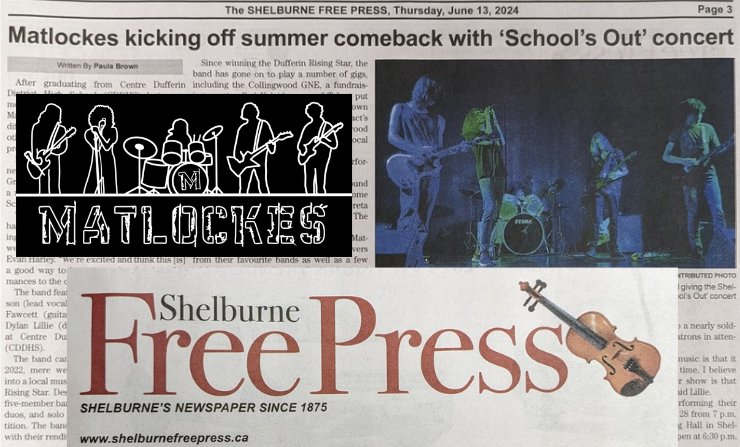 matlockes's tweet photo. Something new is headed your way at the School's Out Concert II, read our feature in this week's issue of the Shelburne Free Press to get a glimpse at what it could be...
More details on our Instagram page, @matlockes 
#matlockes #upandcomingartists #concert #band #rockmusic https://t.co/66EE3XzYMu