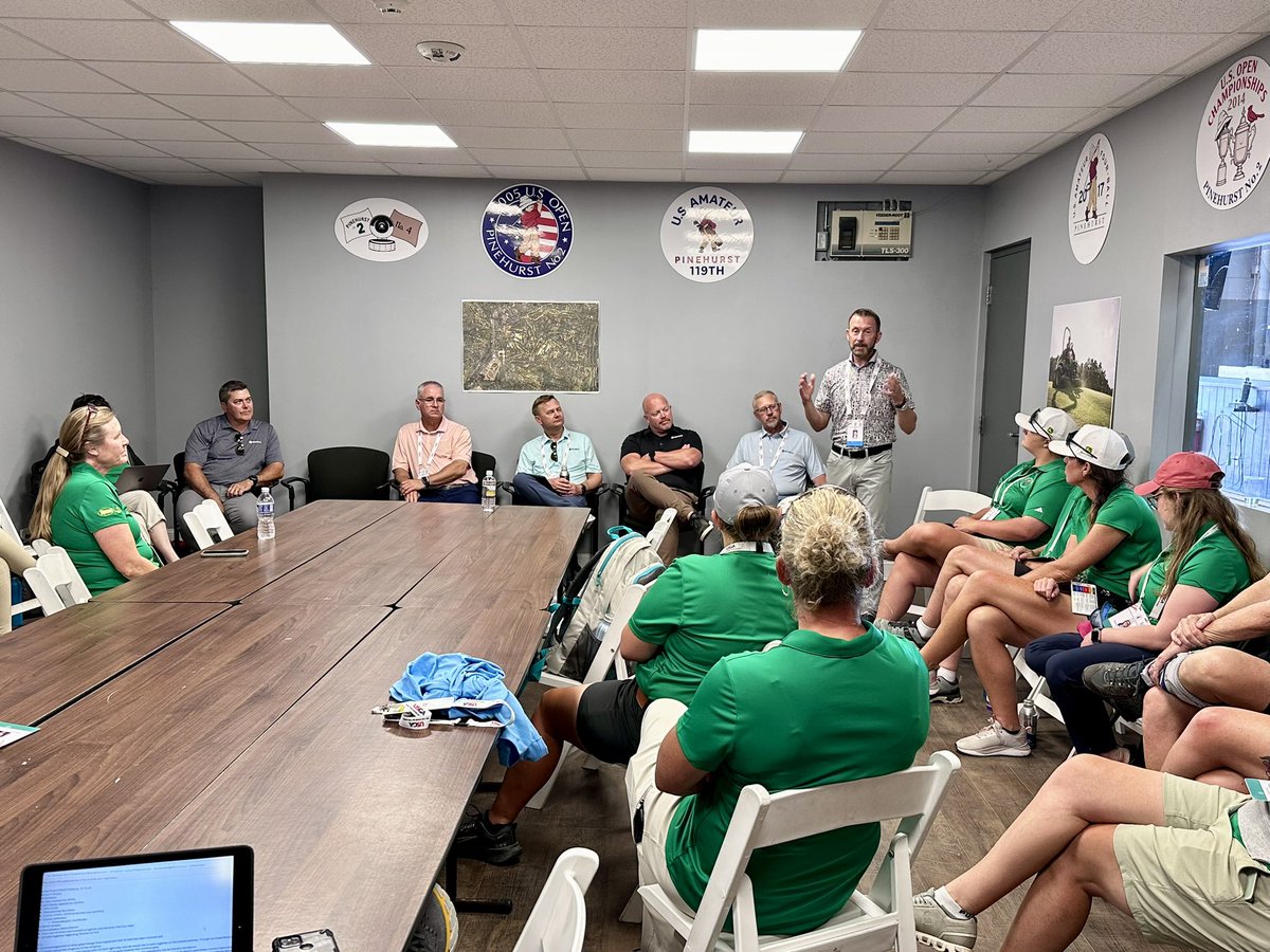 GCSAA's tweet photo. Rhett Evans, @GCSAACEO, chats with the @USOpenGolf women in turf volunteers at @PinehurstResort. #SeeItBeIt #LeadingTurfTogether https://t.co/240nx91ezW