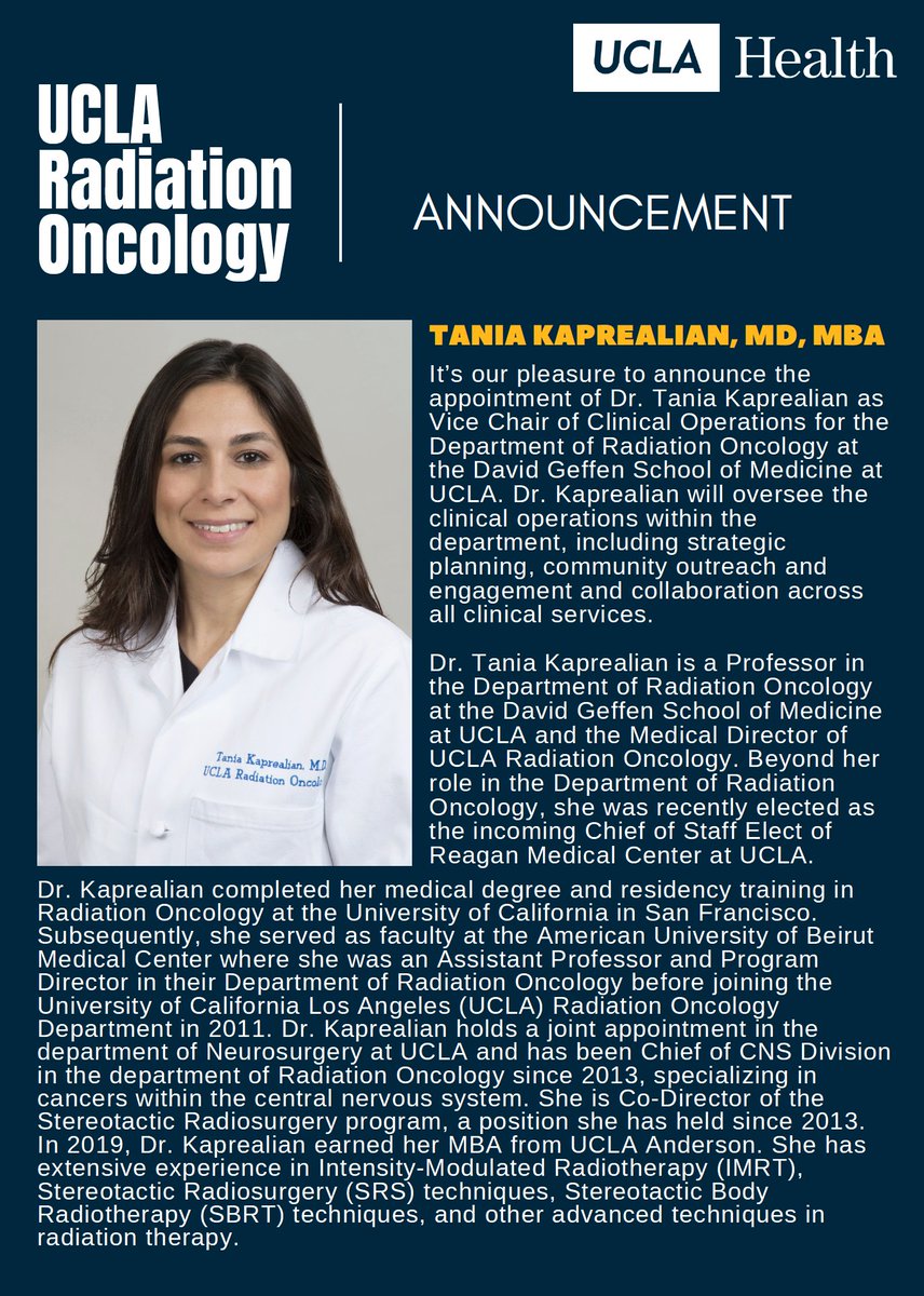 Michael Steinberg MD (@msteinbergmd) on Twitter photo It’s our pleasure to announce the appointment of Dr. <a href="/TKaprealianMD/">Tania Kaprealian</a> as Vice Chair of Clinical Operations for the Department of Radiation Oncology at the David Geffen School of Medicine at UCLA. #uclahealth #uclaradonc It’s our pleasure to announce the appointment of Dr. <a href="/TKaprealianMD/">Tania Kaprealian</a> as Vice Chair of Clinical Operations for the Department of Radiation Oncology at the David Geffen School of Medicine at UCLA. #uclahealth #uclaradonc
