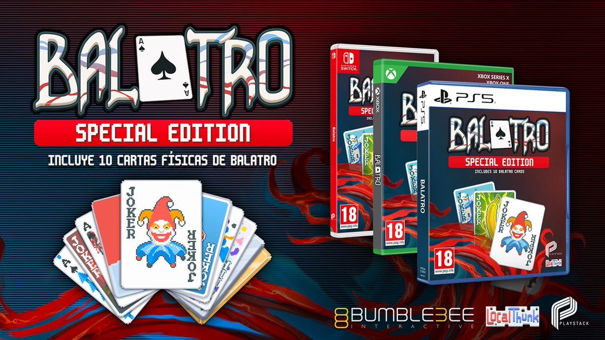 Bumble3ee_Int's tweet photo. ¿Un roguelike de póker de construcción de mazos y de proporciones infinitamente satisfactorias?¡¡Definitivamente Sí!!
Anunciamos #BALATRO Special Edition en físico para el 17/09/2024 ♠️♥️♣️♦️
¿Misión? ¡Reservarlo ya en tu tienda favorita! 🃏
#PS5 #XBox #NintendoSwitch #Bumble3ee https://t.co/MfD1wovW3p