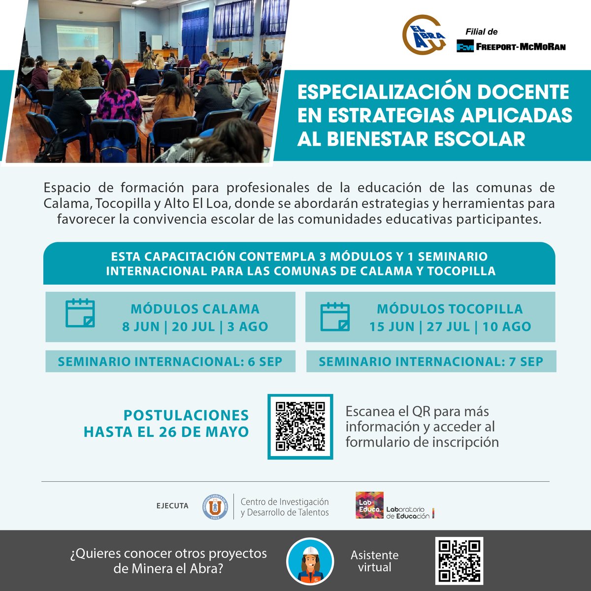 Profesores y profesoras de TOCOPILLA. Pueden postular a este programa ejecutado por UCN e impulsado por Minera El Abra sobre bienestar. Relevantes expositores/as explorarán temáticas vinculadas a la convivencia en contextos educativos. Postulaciones en:
elabra.cl/especializacio…