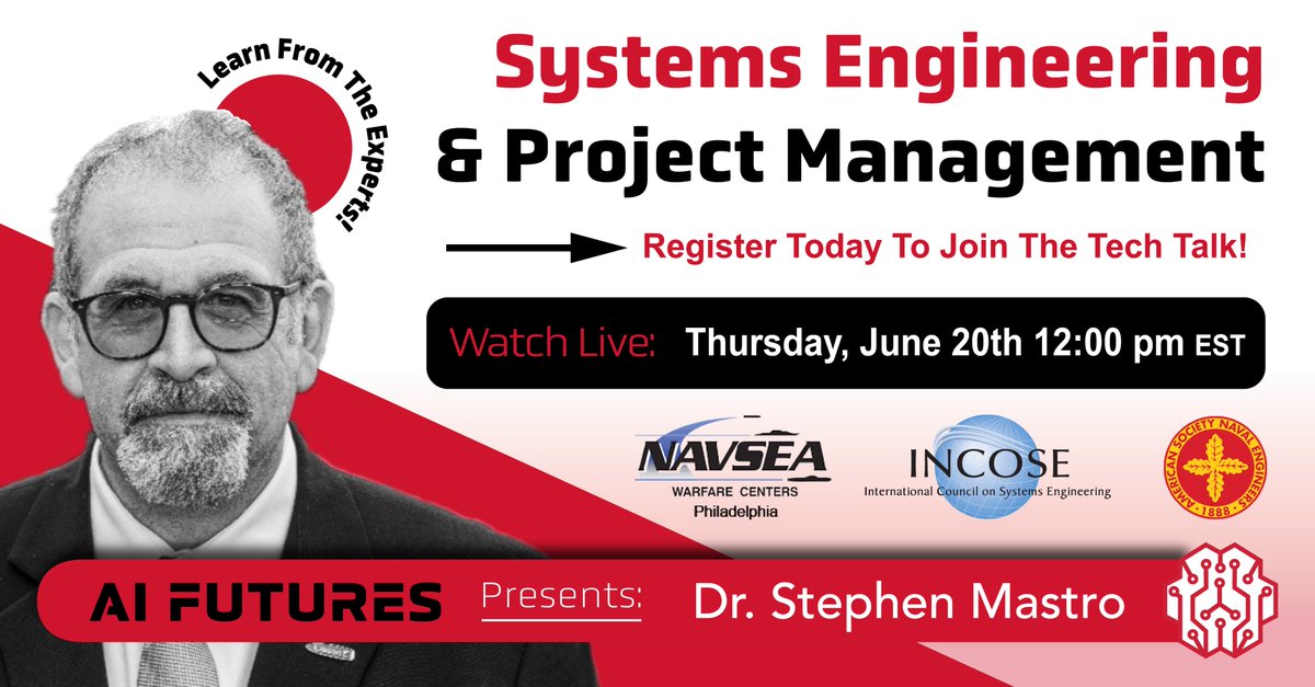aifuturesus's tweet photo. 🚀 Join us for a Tech Talk on "Systems Engineering &amp; Project Management" with Dr. Stephen Mastro, Deputy CTO at NSWC Philadelphia!

📅 June 20th, 12:00 pm EST

Don't miss this chance to learn from an expert! Register now: https://t.co/0aoN9junMU https://t.co/Bsj0vCRYHi