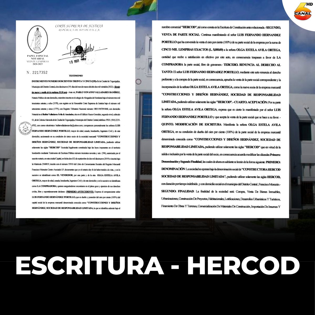 Canal6Honduras's tweet photo. (2/2) La empresa HERCOD fue constituida el 2019 por LUIS FERNANDO HERNÁNDEZ PORTILLO como socio único y el 19 de Marzo del 2022 traspaso el 100% de las acciones a su esposa OLGA ESTELA ÁVILA ORTEGA por un valor de 5,000 lempiras. El 11 de Octubre del 2022 HERCOD es registrada como proveedor de obras para el estado y el 2023 recibe su primer contrato como proveedor de la Municipalidad De San Pedro Sula.

- HERNÁNDEZ PORTILLO es socio y representé legal en la empresa CONSTRUCCIÓN CONSULTORÍA DE HONDURAS S DE R.L. (#CONCOH), misma que también es proveedora de la Municipalidad de San Pedro Sula y ha recibido 42 contratos de obras viales, valorados en 48.8 Millones de lempiras de la Gerencia de Infraestructura desde el 2022 al 2024

- La empresa #CONCOH presenta en su escritura a un segundo socio, el señor JOSUÉ DAVID FAJARDO HERNÁNDEZ, quien es tío de STEVE FAJARDO, quien está casado con Denise Contreras, hija del Alcalde de San Pedro Sula, Roberto Contreras. Convirtiéndolo en el yerno, mismo que ha sido denunciando públicamente por el Vice Alcalde, Omar Menjivar, por ser el verdadero alcalde de tras de bambalinas, quien mueve los pegues y manejes de la Municipalidad de San Pedro Sula.

- La ley de contratación del estado tipifica como colusión (lo cual está estipulado como delito) que una misma persona represente a dos empresas distintas que brindan el mismo servicio a una institución pública (Municipalidad de San Pedro Sula) como proveedoras. A lo cual también tipifica como delito que parientes hasta en un cuarto grado de consanguinidad de una autoridad pública reciban contratos de una institución pública.