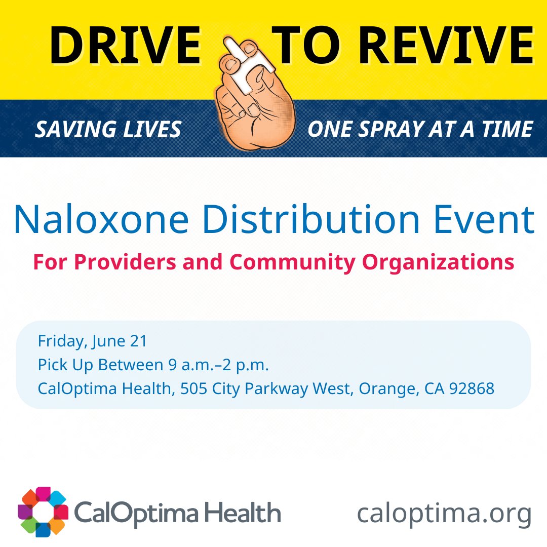 CalOptima's tweet photo. 📣 CalOptima Health is offering FREE doses of naloxone for medical providers and community-based organizations. You can pick up naloxone for your patients and clients on Friday, June 21 from 9 a.m. to 2 p.m. at CalOptima Health. 
View event flyer: https://t.co/6gILPvzswt  https://t.co/GUq5pt6Urn