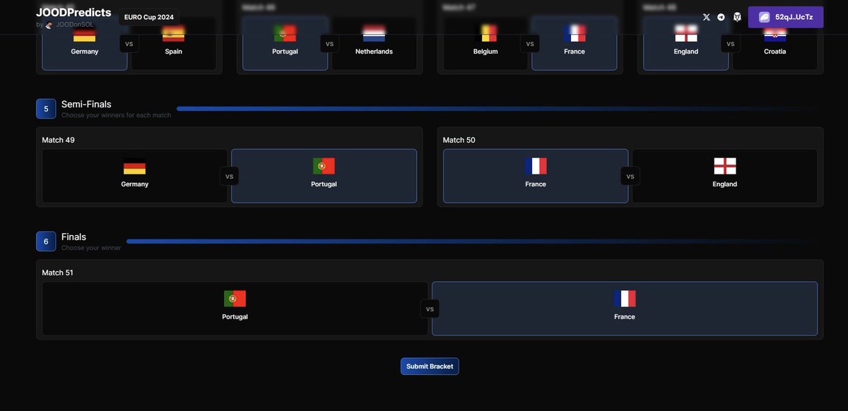 ahwesq's tweet image. I just filled out my EURO 2024 bracket on joodpredicts.xyz for 2500 $JOOD 😎

I'm not a European football fan, but for less than $3 for a possible $5000 USDC, I'm trying my luck. 🙏🏻

@JOODonSOL