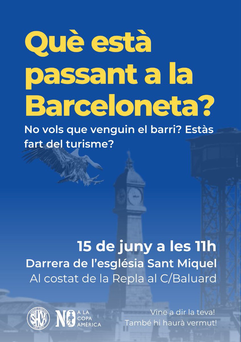 ⏰ Els veïns i veïnes de la Barceloneta tenim una cita aquest dissabte. És hora de defensar el barri dels voltors que l'amenacen. 🙅🏽‍♀️

Vine a dir la teva i organitzem-nos. 🗣️💪🏽

#NoALaCopaAmèrica ❌🏆💸