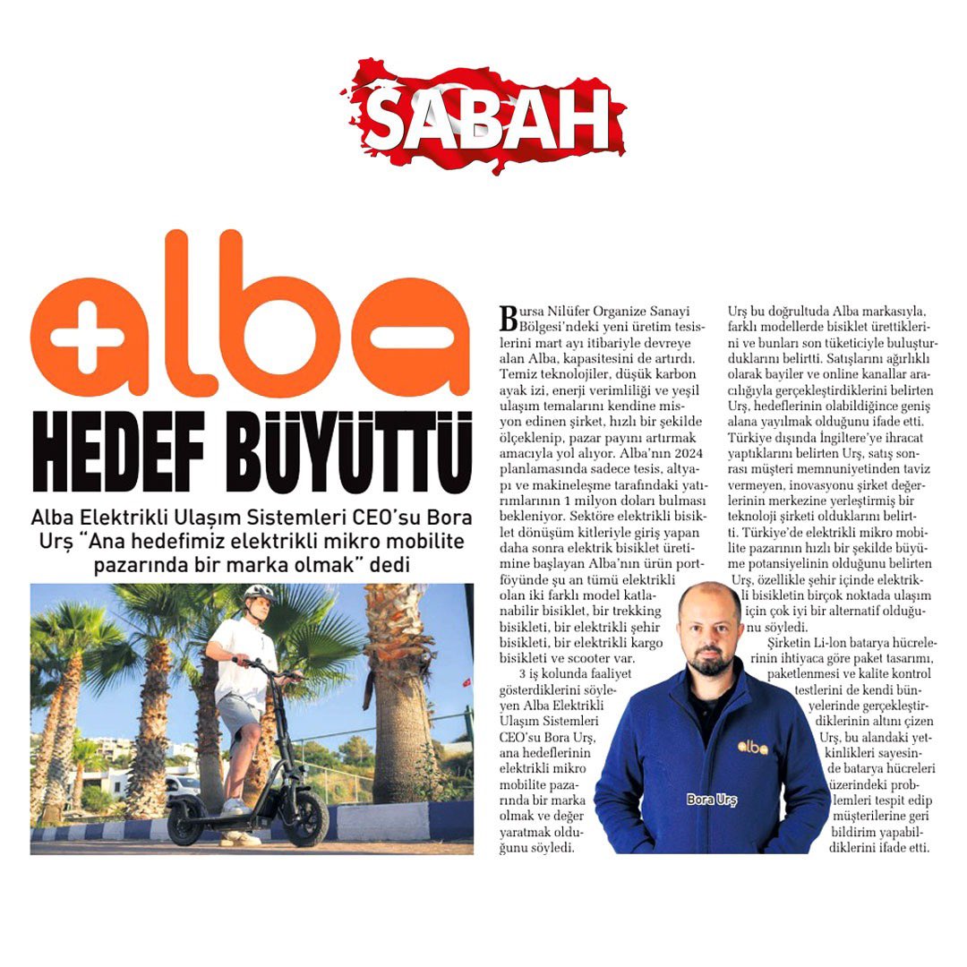 alba_ebikes's tweet photo. CEO’muz Bora Urş, Sabah Gazetesi’ne verdiği röportajda Alba Elektrikli Ulaşım Araçlarının sektördeki mevcut durumunu ve gelecek hedeflerini anlattı!
#alba #engineeredforfreedom #sürdürülebilirlik #albaakademi #spro2 #scooter #albascooter #elektrikliulaşımaraçları #istanbul https://t.co/3CTOUMBUJe