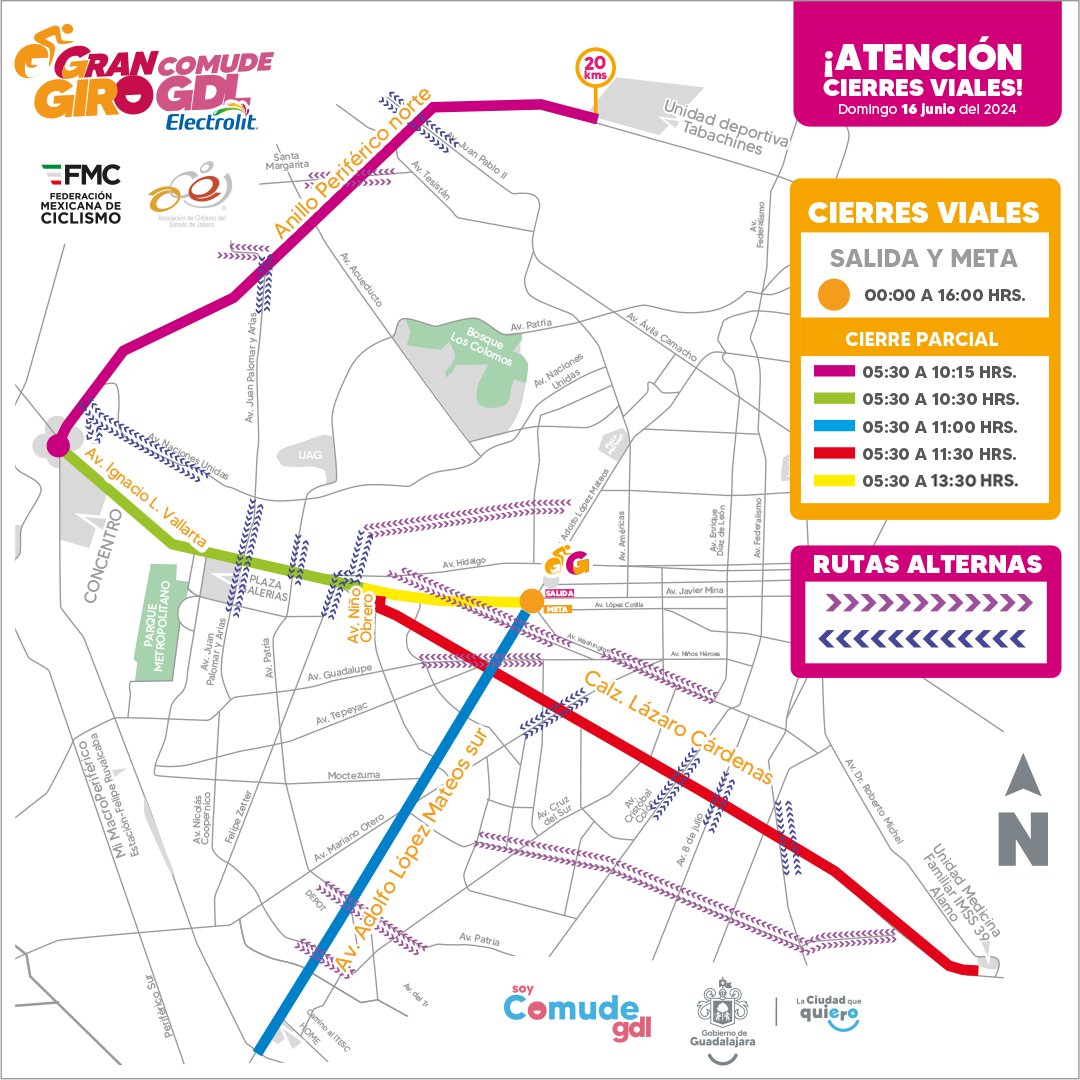 GuadalajaraGob's tweet photo. 🚧 Toma tus precauciones, aquí te compartimos los cierres viales y rutas alternas que se realizarán con motivo del Gran Giro, organizado por @comudegdl y que se llevará a cabo este domingo 16 de junio, con salida y meta en la Glorieta Minerva. https://t.co/UAaXpuDwFr