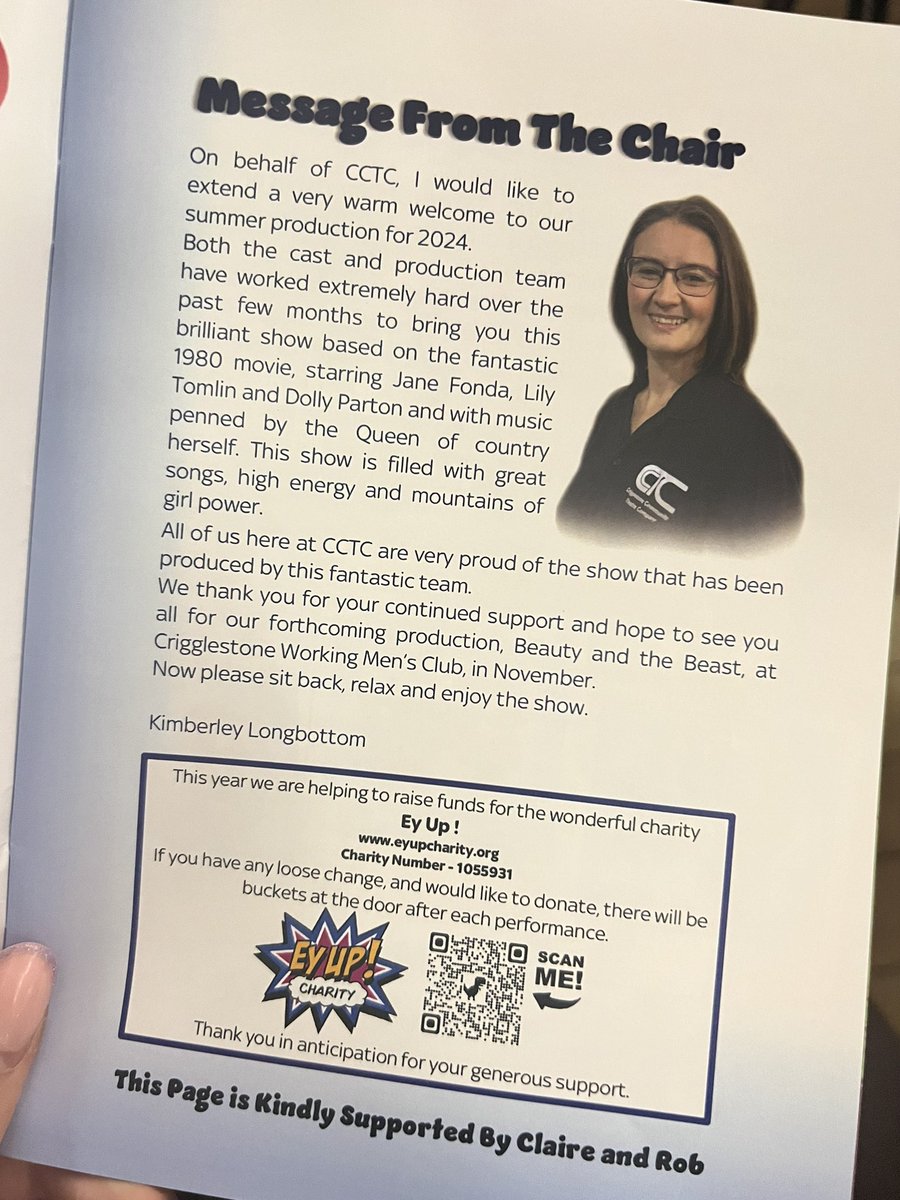 Jana Harris ๐ (@janaharris04) on Twitter photo Looking forward to watching 9-5 the musical this evening, thank you to Crigglestone Community Theatre Company for choosing <a href="/EyUpCharity/">EyUp! NHS Charity</a> as your partner charity for 2024! Looking forward to watching 9-5 the musical this evening, thank you to Crigglestone Community Theatre Company for choosing <a href="/EyUpCharity/">EyUp! NHS Charity</a> as your partner charity for 2024!