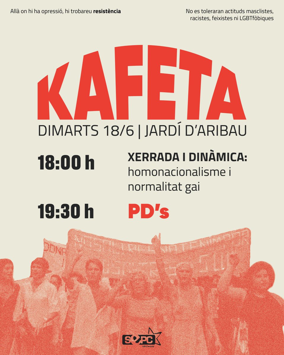 El proper dimarts 18 de juny, en el marc de la Diada LGTB, fem un acte per parlar d’alliberament sexual i de gènere i desmuntar mites del capitalisme rosa.

Tancarem l’acte amb música i PD’s per celebrar el final d’exàmens ❤️‍🔥