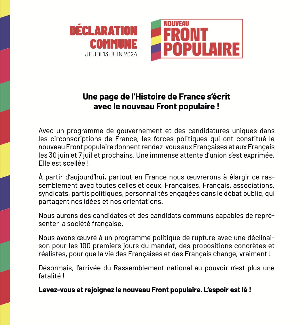 marinetondelier's tweet image. 🔴 [Déclaration commune]

C'est historique. Le #NouveauFrontPopulaire est là !

Une immense attente d'union s'est exprimée. Avec des candidatures et un programme commun.

L'espoir est là. Rejoignez-nous ! 🌻