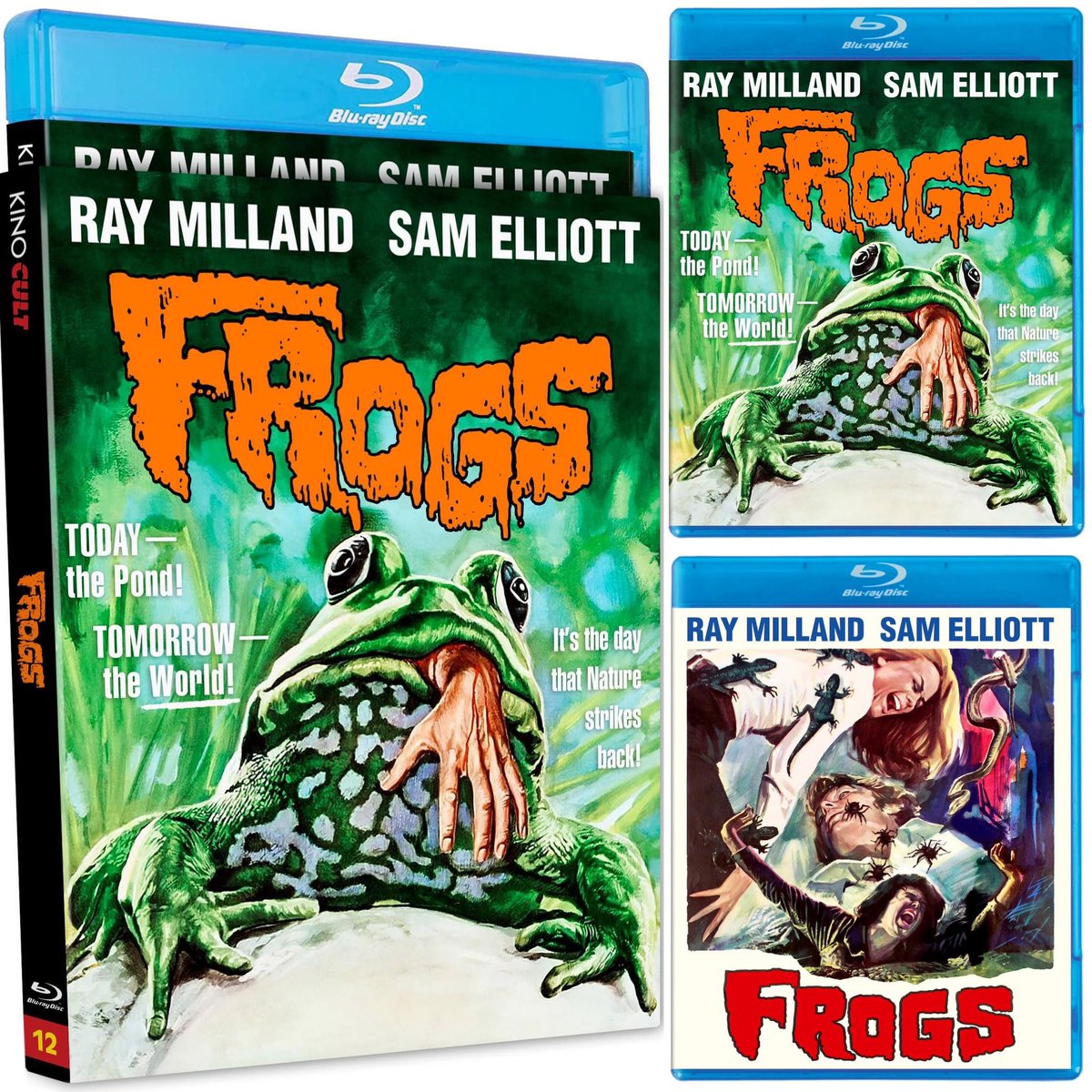 dawnofthediscs's tweet photo. Coming August 20th from @KLStudioClassic 

FROGS (1972) KINO CULT #12
• NEW Audio Commentary by Film Historian David Del Valle and Film Historian/Producer Dan Marino (son of NFL legend)
• Interview with Actress Joan Van Ark
• 4 TV Spots and 3 Radio Spots
• Theatrical Trailer
• Limited Edition Reversible Art and O-Card Slipcase
• Dual-Layered BD50 Disc
• Optional English Subtitles

Color 91 Minutes 1.78:1 Rated PG
Today the pond…Tomorrow the world! A shocker reminiscent of Hitchcock’s The Birds, this amphibious horror flick is teeming with thousands of nasty-tempered creatures that are hopping mad—and murderous. Jumping with action, suspense, revenge and Southern Gothic charm, Frogs stars Ray Milland (The Thing with Two Heads), Sam Elliott (The Legacy) and Joan Van Ark (The Last Dinosaur) are constantly a lily pad away from croaking! Jason Crockett (Milland) is an aging, physically disabled millionaire who invites his family to his island estate for his birthday party. The old man is more than crotchety…he’s crazy! Hating nature, Crockett poisons anything that crawls on his property. But on the night of his shindig, it’s nature’s payback time, and thousands of frogs whip up every bug and slimy thing into a toxic frenzy until the entire environment goes environ-mental. Directed by George McCowan (H.G. Wells’ The Shape of Things to Come).

#FilmTwitter #Horror #HorrorCommunity #Bluray #PhysicalMedia