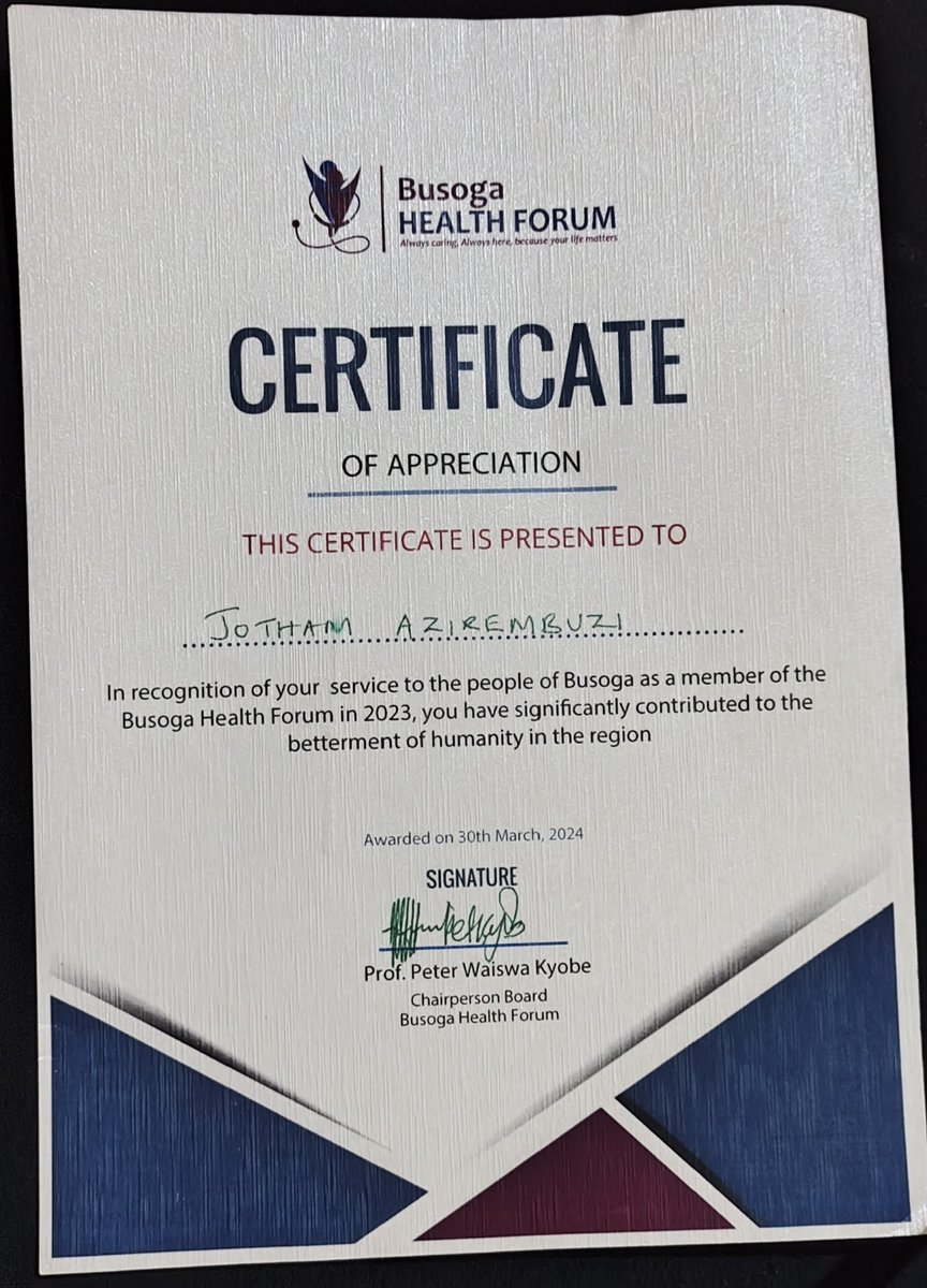 JothamAzira's tweet image. Thrilled to receive appreciation certificate from @BusogaHealthForum for my dedication to #recoveryAtHome post-surgical care in Busoga, 2023! Presented on March 30, 2024, but received today from our esteemed head surgeon! 
What a motivation.
Grateful for the recognition!