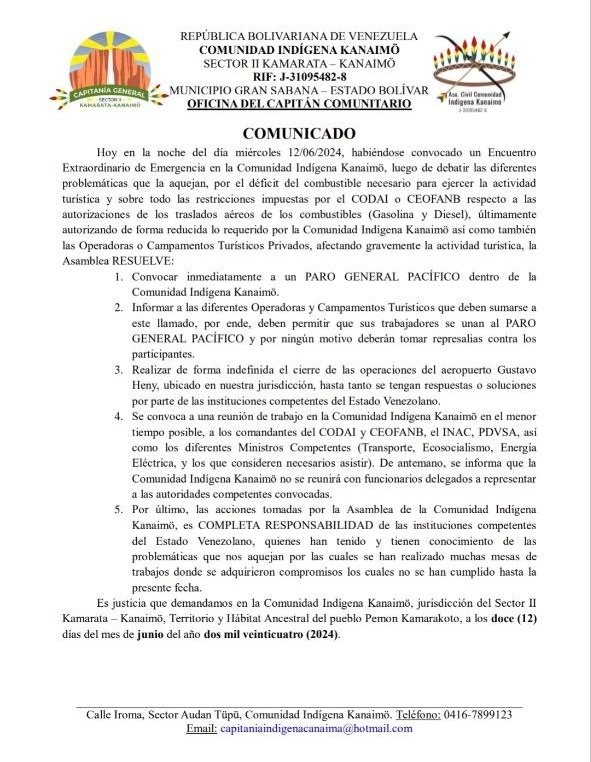 📢 INDÍGENAS EN CANAIMA CONVOCAN PARO PACÍFICO

La comunidad de Kanaimö, que habita en el Parque Nacional Canaima, edo. Bolívar, pausaron sus actividades turísticas, incluido el cierre de la pista de aterrizaje del aeropuerto Gustavo Heny, para exigir suministro de combustible.