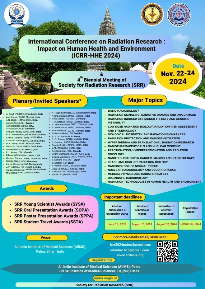 SRR_India's tweet photo. 📣 We are pleased to announce that the International Conference on Radiation Research: Impact on Human Health and Environment (ICRR-HHE 2024) is now accepting abstract submissions and registrations. For more information, please visit our website at https://t.co/loDKhXwSjf. https://t.co/qxpyBXMvO5
