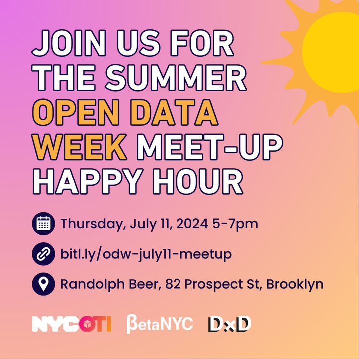 Happy Hour Announcement! 📣 🎉 

Save the date for the Summer Open Data Week Meetup Happy Hour at Randolph Beer in Brooklyn.

Everyone is invited! Bring your friends and join us for some fun. ☀️

When: July 11, 5-7pm 📅
RSVP: bit.ly/odw24-july-mee… 🎉