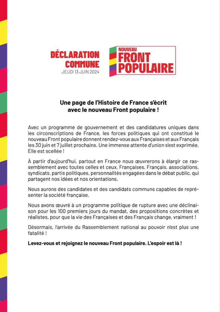 mbompard's tweet image. 🔴 URGENT -  Communiqué : Une page de l'Histoire de France s'écrit avec le Nouveau Front Populaire !

#NouveauFrontPopulaire