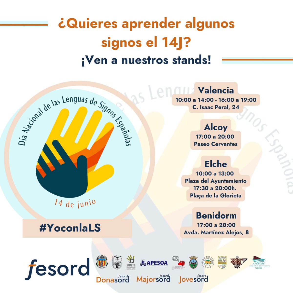 Fesord's tweet photo. 🟦 Quedan horas para el #14J y os invitamos a que lo celebréis con nuestro movimiento asociativo en las distintas ciudades. 

Mira dónde estarán los stands informativos y visítalos. 

¡Ah! Además podrás aprender signos👐. https://t.co/tMtdbAjyP6