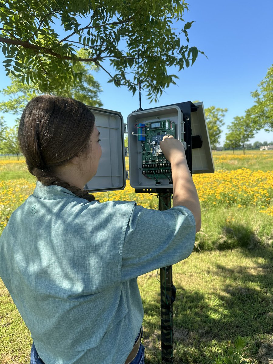 PecanTri's tweet photo. Emma Cook, Summer intern in Lonoke County, is scouting our pecan orchards with me this morning.  We've made another small repair to this telemetry unit and it is online and working again. https://t.co/22RKjXsLtL