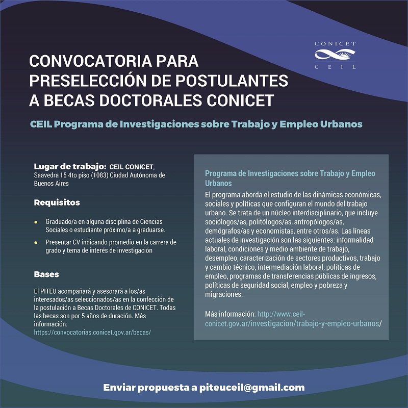 Programa Trabajo y Empleo Urbanos / Convocatoria abierta para la preselección de postulantes a becas doctorales CONICET
Contacto: piteuceil@gmail.com