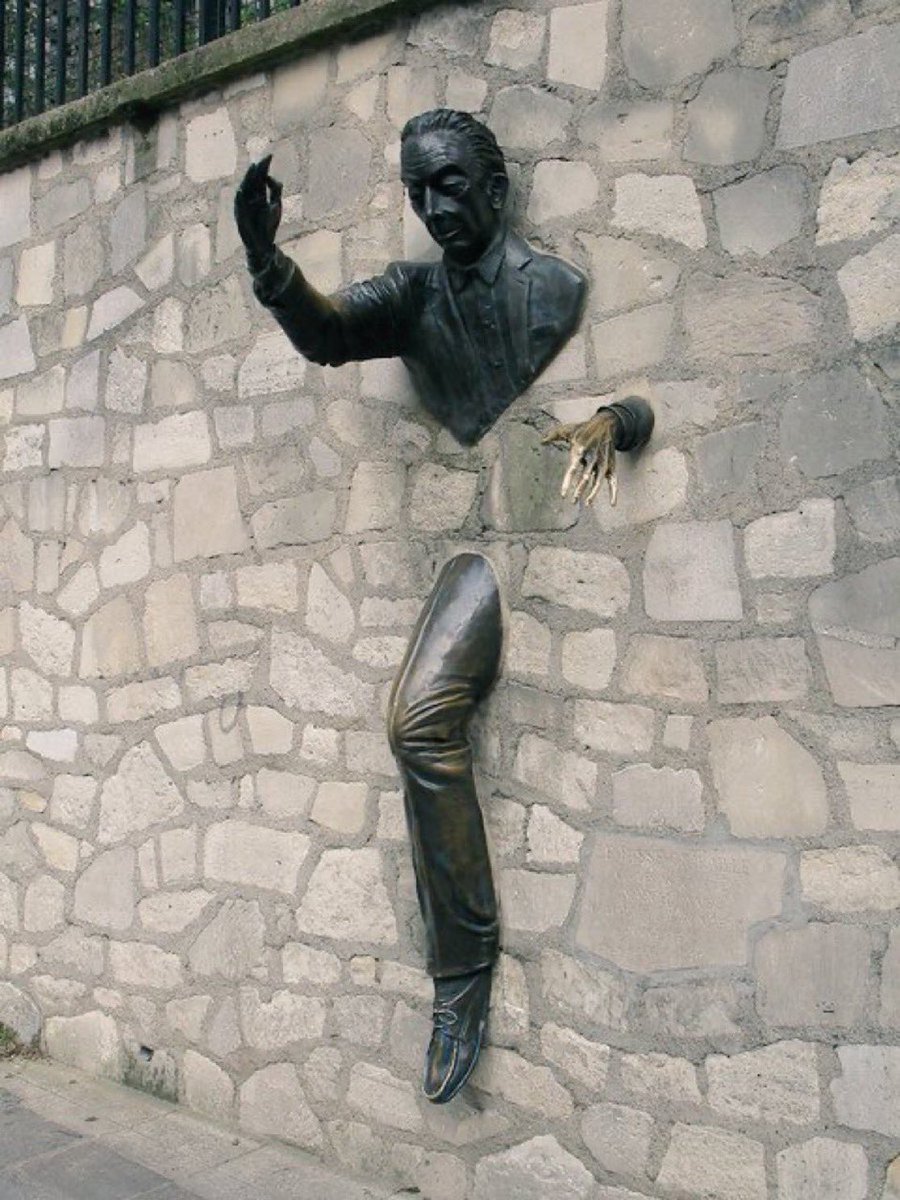 feelgoodtale's tweet photo. Context of Dutilleul, the protagonist in Marcel Aymé's short story "Le Passe-Muraille" (The Walker-through-Walls), is a notable character in French literature:

Dutilleul lived in Montmartre, Paris around 1943. He wore a monocle and had a small black beard. He was a simple and unambitious man who was described as an excellent person. He worked as a third-class employee at the Ministry of Registration.

He discovered he had the ability to walk through walls at age 42 during a power outage. He found himself on the landing of his apartment building's third floor after trying to move in the dark. He enjoyed his newfound ability at first and it led him to partake in sinister activities, which eventually, led to dire consequences.