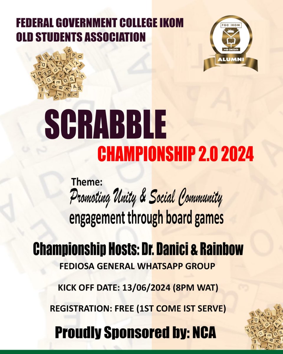 FEDIOSA's tweet photo. FEDIOSA SCRABBLE CHAMPIONSHIP 2.0

32 PLAYERS
4 PLAYERS PER GROUP
8 GROUPS

LOTS OF PRIZES TO BE WON‼️

REGISTERATION IS OPEN FOR ALL…(1st Come 1st Serve) 

TO REGISTER: 

Respond to this chat with:

 *#FSC2.0 I AM IN* https://t.co/Y6W13TUahc