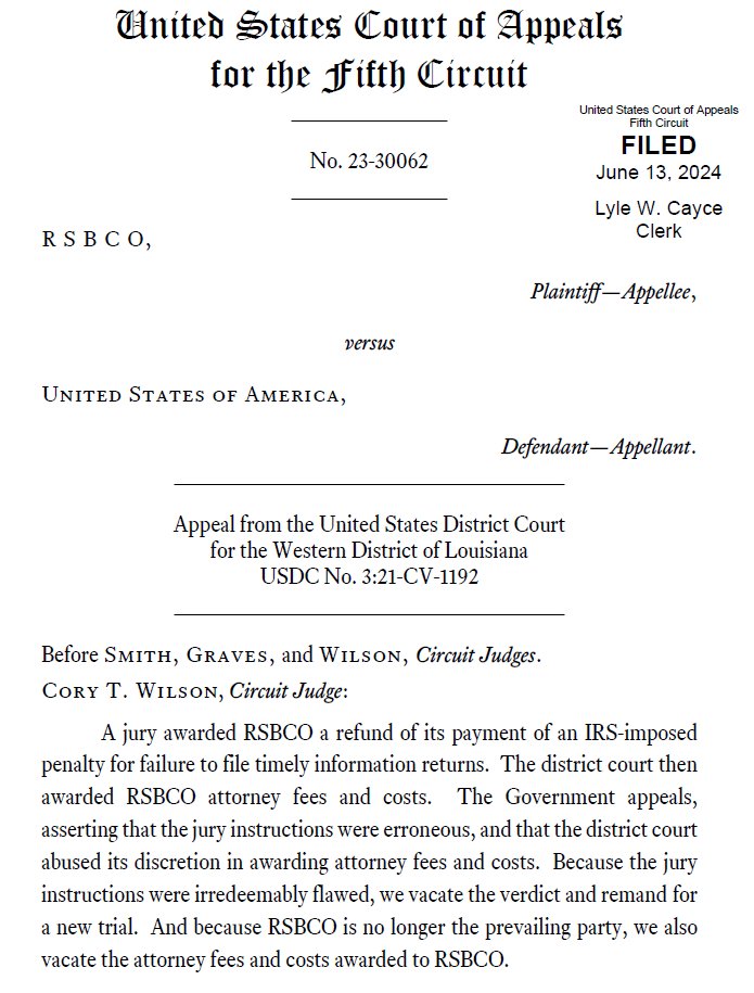 Hey hey #appellatetwitter - another rare #CA5 jury charge error opinion! RSBCO v United States, No. 23-30062