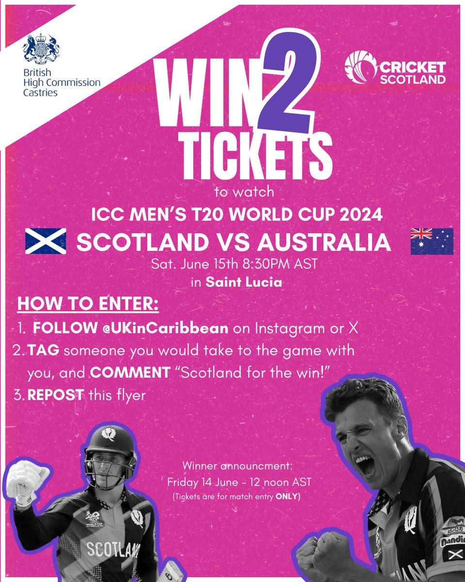 UKinCaribbean's tweet photo. 🏴󠁧󠁢󠁳󠁣󠁴󠁿 @CricketScotland in St. Lucia 🇱🇨 and we’re giving away 2 tickets to watch them take on Australia on Saturday - June 15 - in the ICC Men’s T20 World Cup. 🏏

Winner will be announced at 12noon AST on Friday 14 June 2024. 

Thanks Cricket Scotland for the tickets.
#UKinCaribbean https://t.co/SPBHbcoJKO