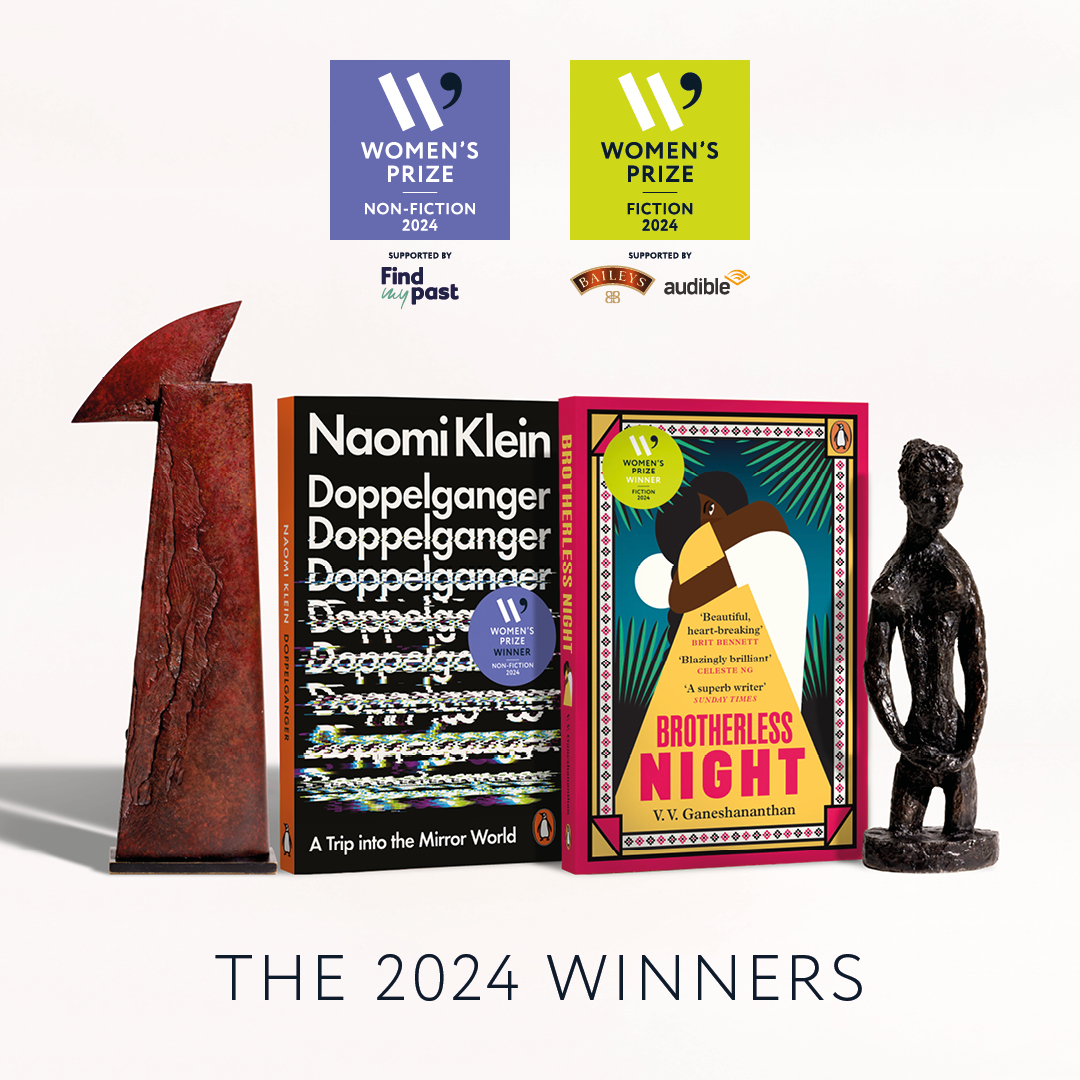 WomensPrize's tweet photo. Together in all their glory! 
Brotherless Night by @V_V_G winner of the Women's Prize for Fiction and Doppelganger by @NaomiAKlein winner of the Women's Prize for Non-Fiction: https://t.co/c98CrHD6VQ

#WomensPrize
With thanks to @audibleuk, @BaileysOfficial and @findmypast https://t.co/UDLVzauSnB