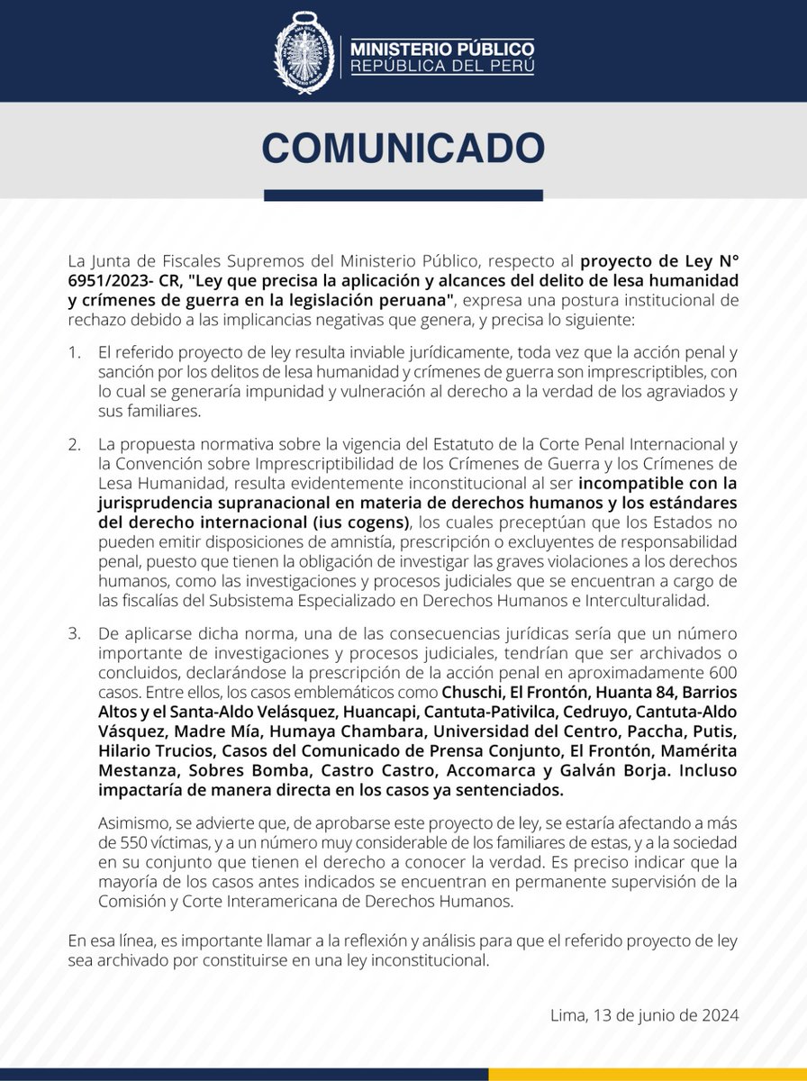 Junta de Fiscales Supremos advierte: 600 casos de violaciones de DDHH prescribirían por funesto proyecto de ley fujimorista, entre ellos las matanzas del Destacamento Colina (Barrios Altos, La Cantuta, El Santa y Pativilca). Fujimorismo es una organización criminal.