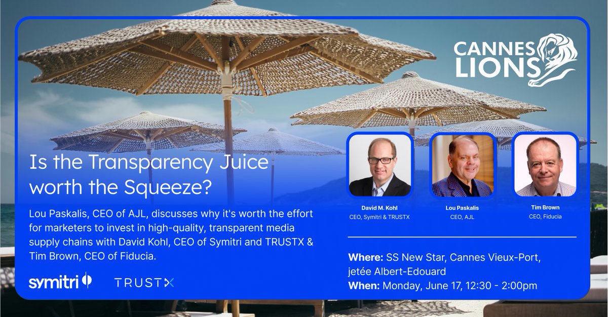 We're looking forward to a bright and sunny Day One of #Cannes this coming Monday with our friends <a href="/ANAmarketers/">The ANA</a>, <a href="/DltFiducia/">FIDUCIA</a>, <a href="/tag_today/">TAG</a> &amp; <a href="/LouPas/">Lou Paskalis 🇺🇦🇺🇸🇮🇱</a>. Hope you can join us for this very important conversation. #PremiumPublishers #Programmatic #Transparency #TRUSTX #ANA
