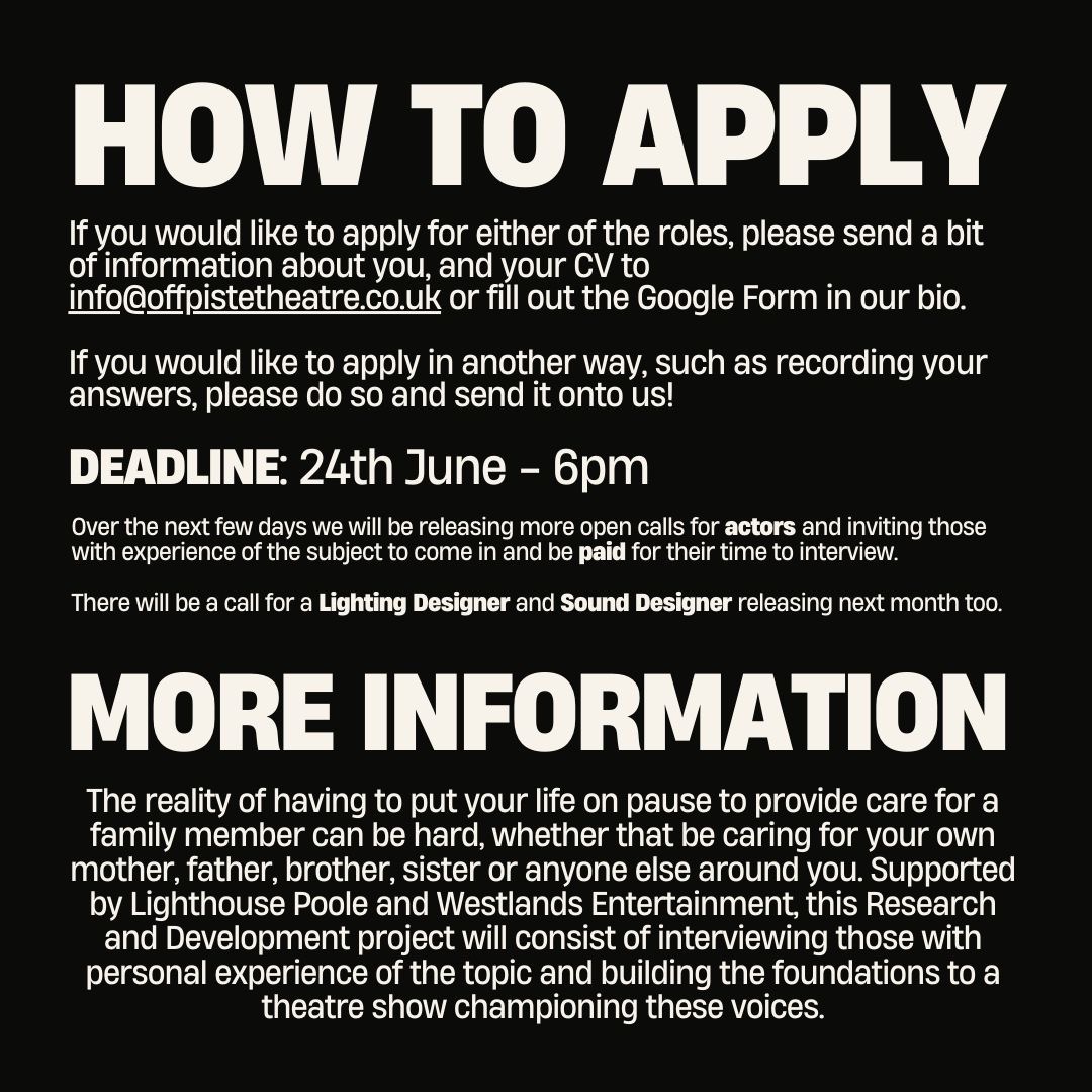 PAID CREATIVE TEAM CALL OUT 

come work with me / us on our new R+D about ‘family caring for family’ 🛌

TRAINEE PRODUCER - £550
WELLBEING FACILITATOR - £350

share far and wide x 
(not too far because we’ll be working in Dorset and Somerset!)
