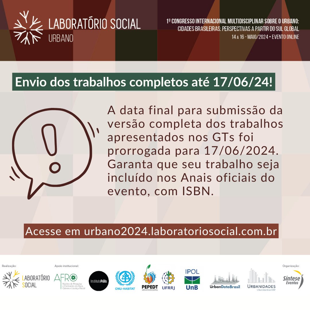 📷 Novo Prazo: Trabalhos Completos para Anais do Congresso Urbano 2024

A submissão da versão final dos trabalhos completos, apresentados nos GTs, deve ser feita até o dia 17/06/2024. 

Confira as normas de formatação em urbano2024.laboratoriosocial.com.br