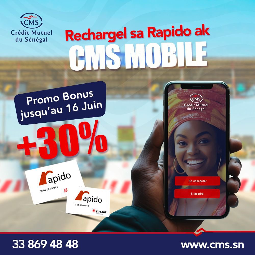 uccms_sn's tweet photo. Jusqu'au 16 juin, effectuez vos recharges RAPIDO avec votre APPLI CMS MOBILE et profitez d’un bonus de + 30%.
Ak CMS MOBILE, sakanal Sama Xaliss😎
RDV vite en agence pour souscrire à votre nouvelle application et effectuer toutes vos opérations depuis votre mobile.
#CMSMOBILE https://t.co/Wlf7eUzd7j