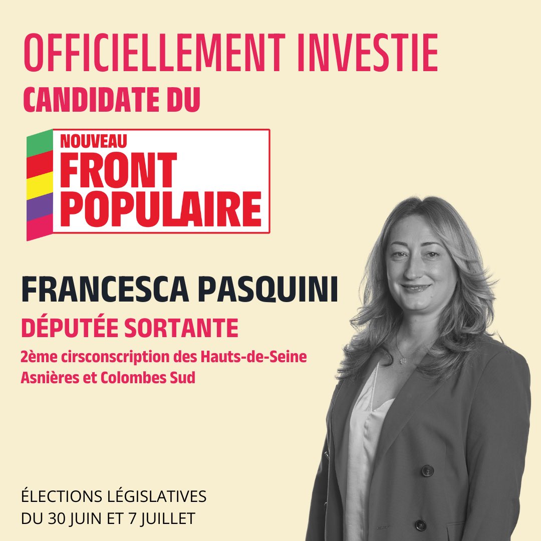 FMPasquini's tweet photo. Officiellement investie par le #NouveauFrontPopulaire ✊

Aujourd’hui l’accord historique, dès demain tous ensemble, jusqu’à la victoire ! https://t.co/8w6luArnLq