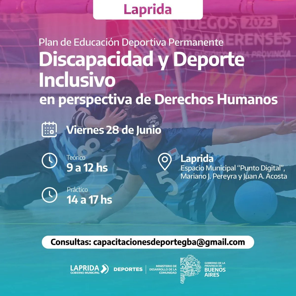 DeportesPBA's tweet photo. 💪 Plan de Educación Deportiva Permanente

➡️ Discapacidad y Deporte Inclusivo en perspectiva de Derechos Humanos el viernes 28/06 en #Laprida

✍️ Anotate en https://t.co/xhKYbn83aq https://t.co/ZHbjJpqDJ5