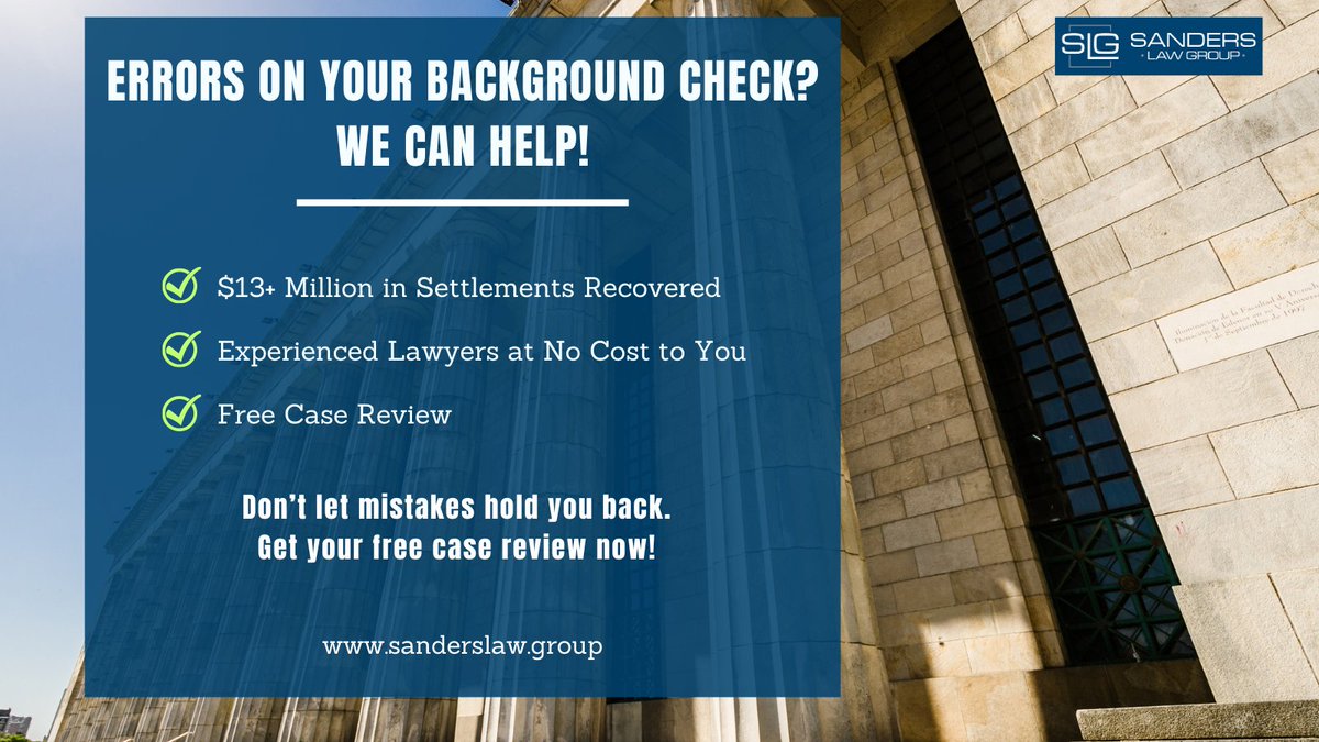 SLG__lawfirm's tweet photo. Harmed by errors on your background check? Our attorneys fight for your compensation! Over $13+ million recovered in settlements. Experienced lawyers at no cost to you. Click here: https://t.co/d9jpO1FOCz
#BackgroundCheckErrors #Backgroundcheck #lawyer #SandersLawGroup #USA https://t.co/uwvCaV02zv